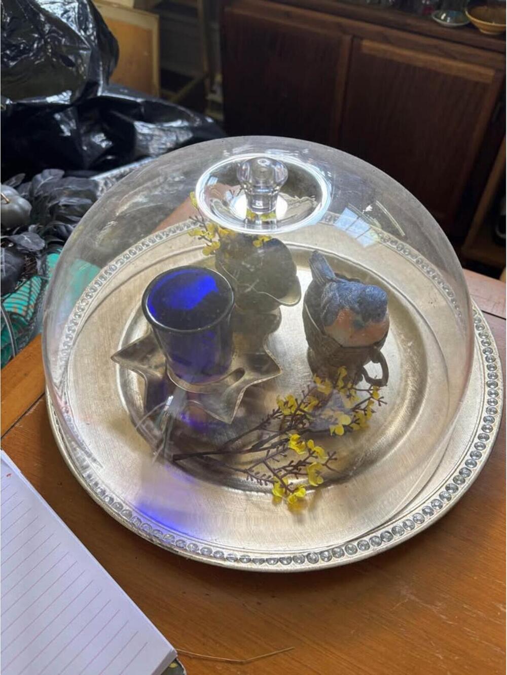 Silver Platter with Blue Glass and Bird Statue plastic tray